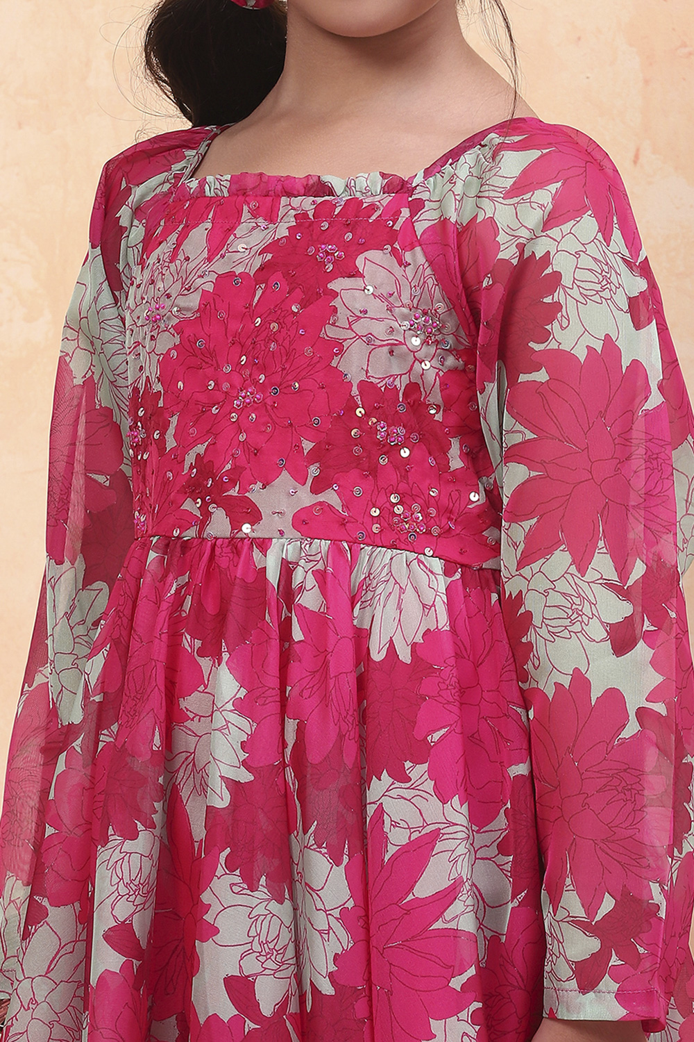 Pink Organza Floral Printed Asymmetric Flared Dress image number 1