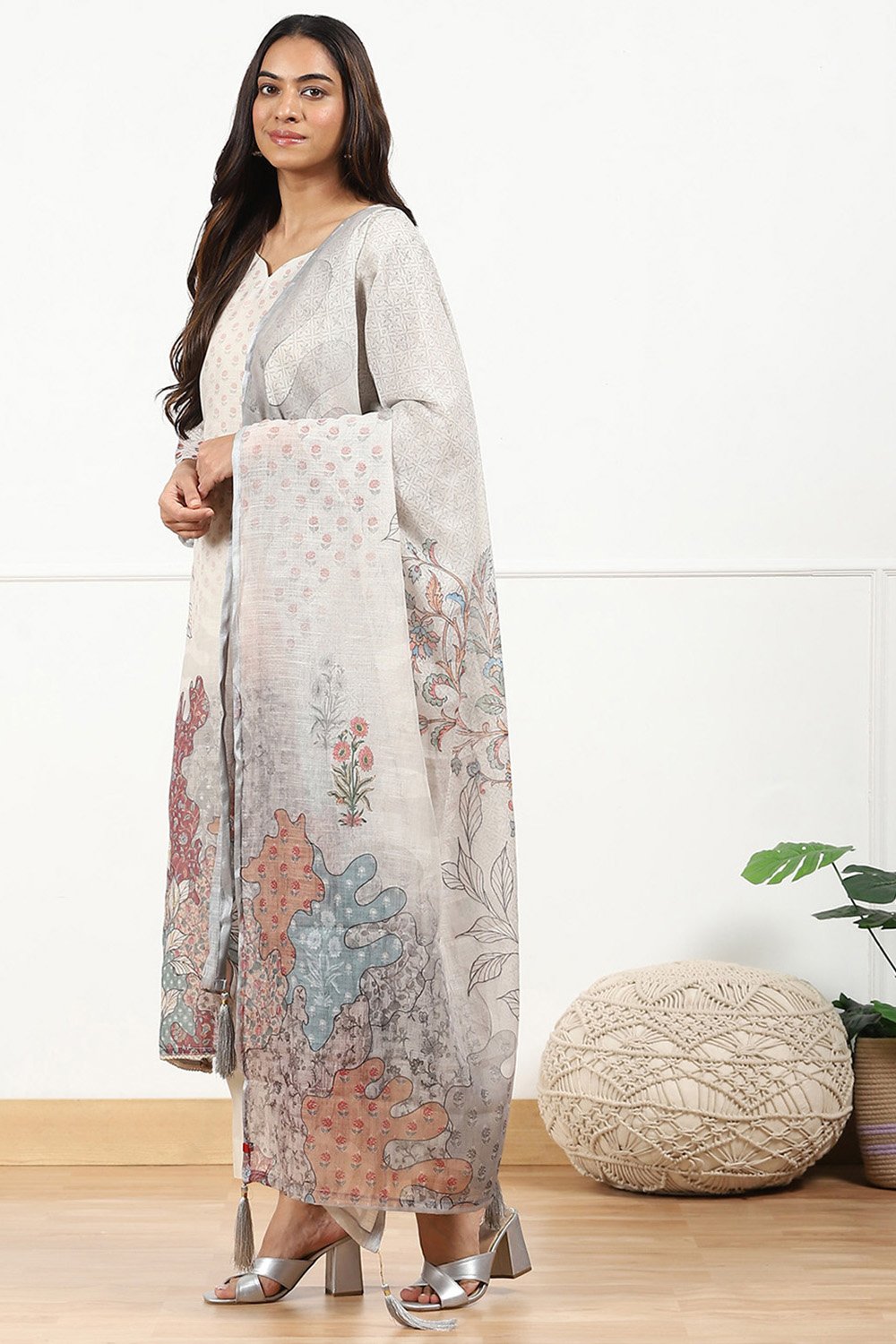 Beige Linen Floral Printed Unstitched Suit Set image number 5