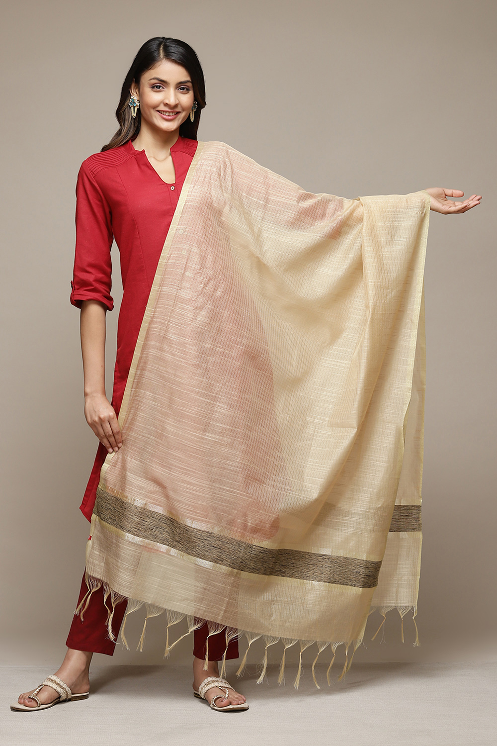 Beige Cotton Blend Dupatta image number 0