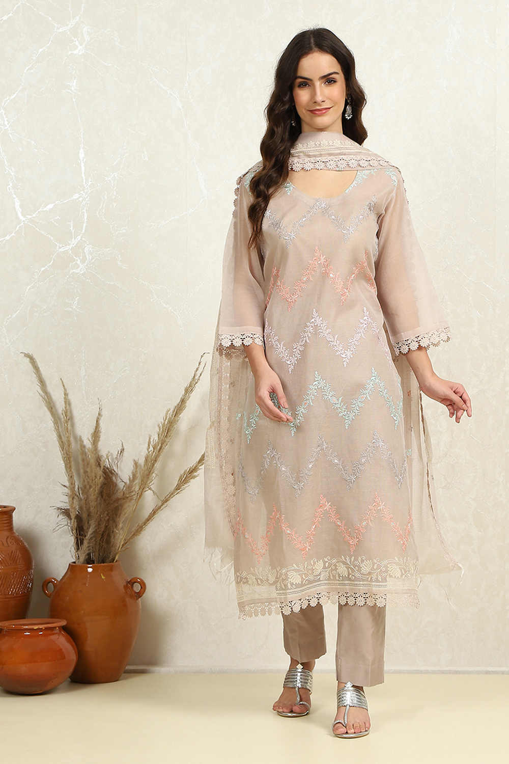 Peach-Coloured Floral Embroidered Unstitched Suit Set image number 5