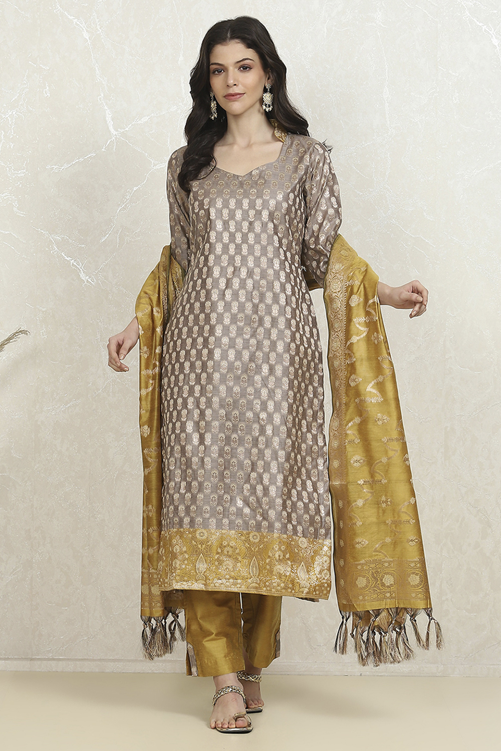 Grey Art Silk Woven Unstitched Suit Set image number 1