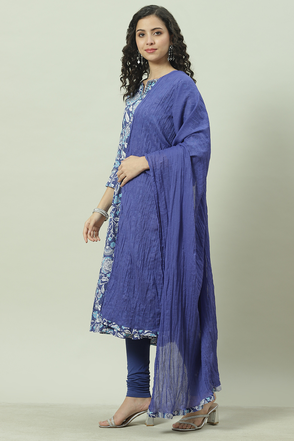 Blue Cotton Kalidar Kurta Churidar Suit Set