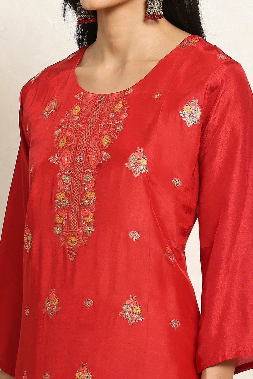 Red Viscose Silk Floral Woven Unstitched Suit Set image number 2