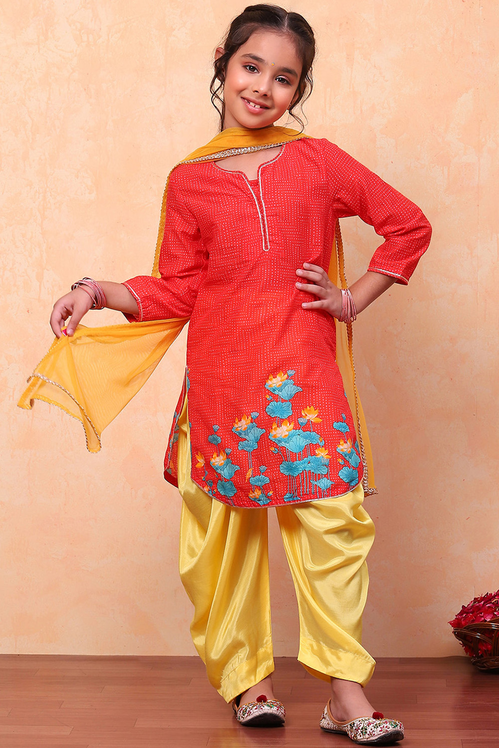 Red and Yellow Cotton Printed Straight Suit Set image number 6