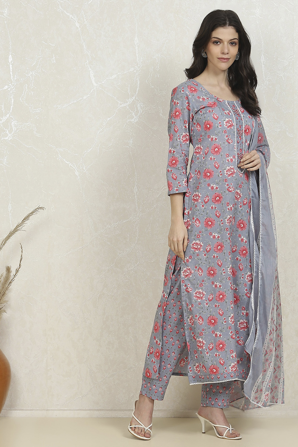 Grey Cotton Printed Unstitched Suit Set image number 6