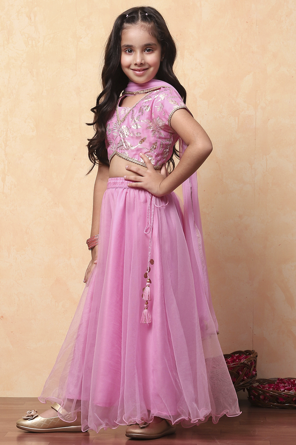 Pink Poly Chanderi Flared Lehenga Set image number 3