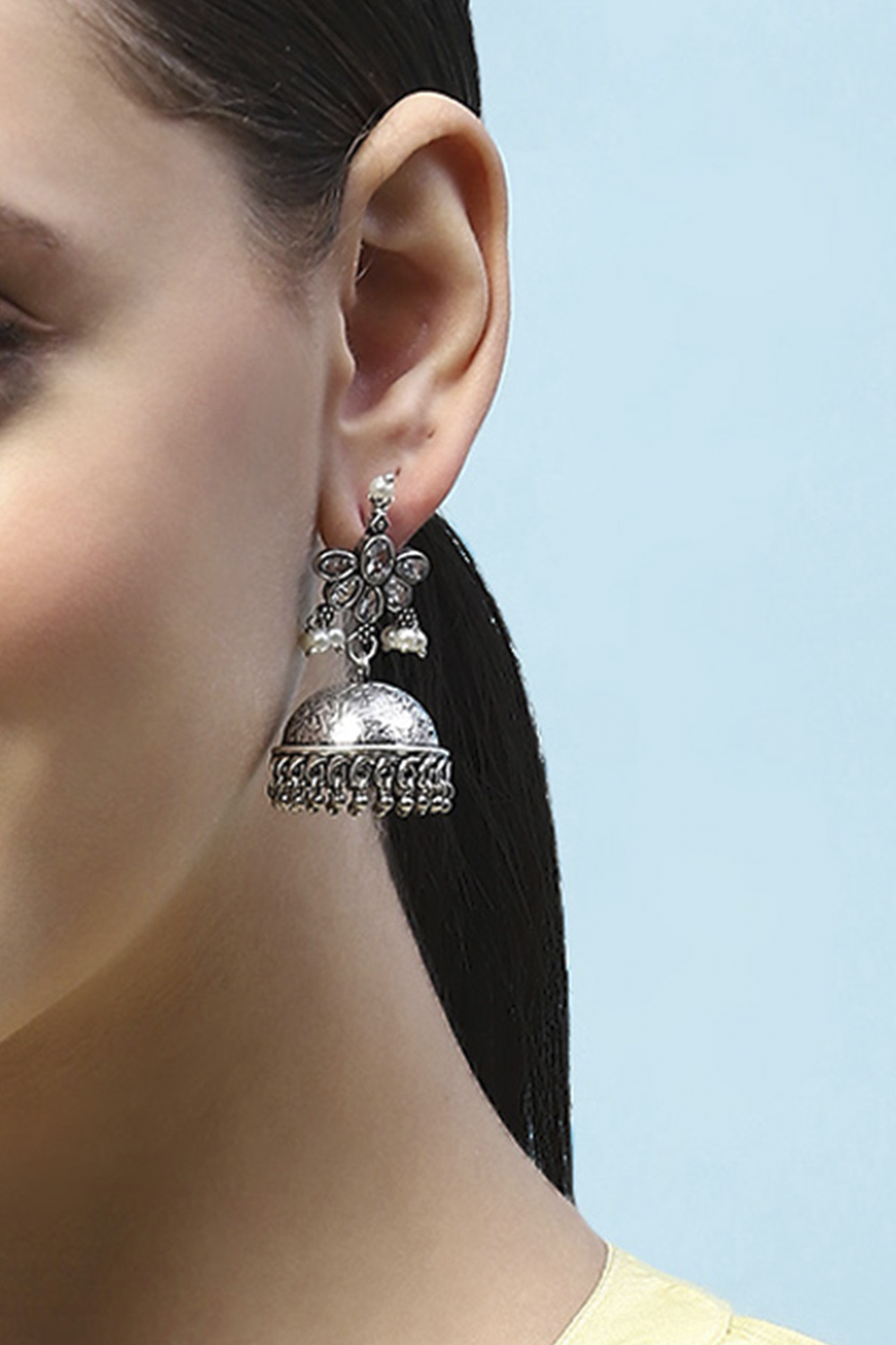 White Oxidised Stone Studded Dome Shaped Jhumkas image number 3