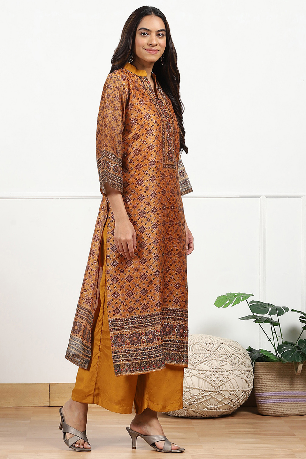 Mustard Yellow Chanderi Printed Unstitched Suit Set image number 6