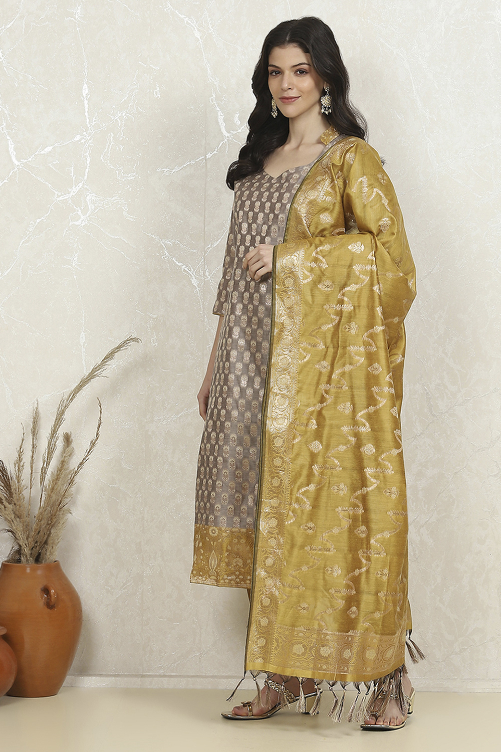 Grey Art Silk Woven Unstitched Suit Set image number 4