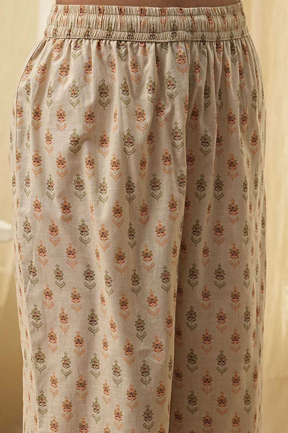 Beige Pure Cotton Floral Kalidar Kurta Set image number 2