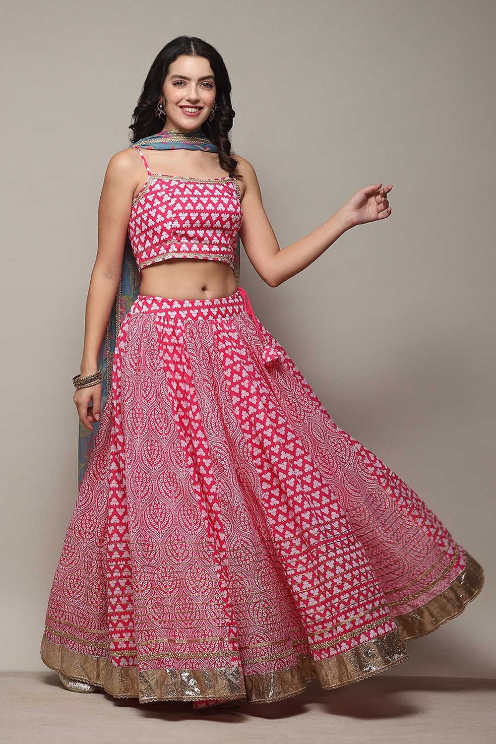 Pink Poly Cotton Straight Kurta Lehenga Set image number 6