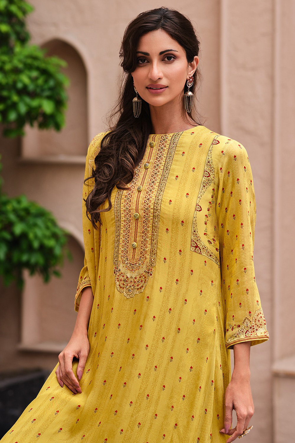 Mustard Cotton Blend Machine Embroidered Unstitched Suit Set image number 0