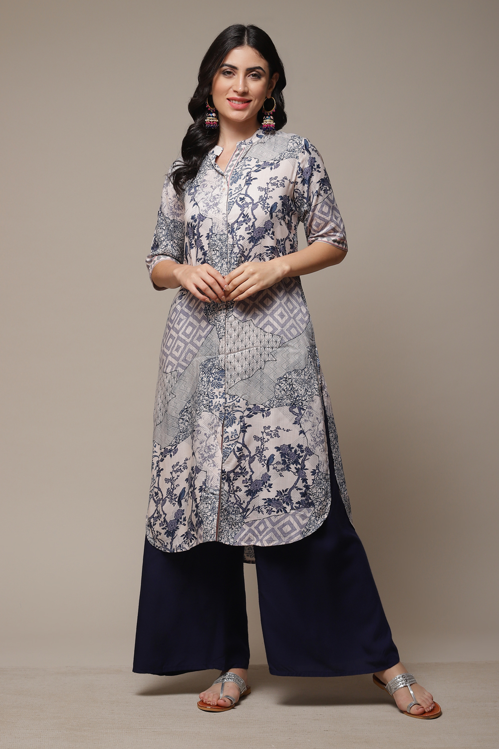 Indigo LIVA Straight Printed Kurta image number 1