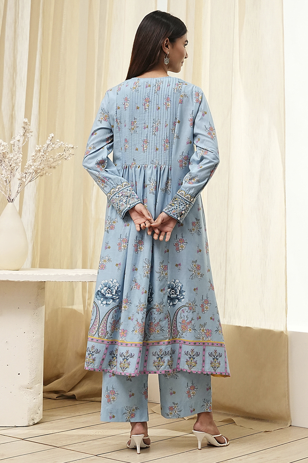 Dull Blue Cotton Flared Printed Fusion Set image number 4