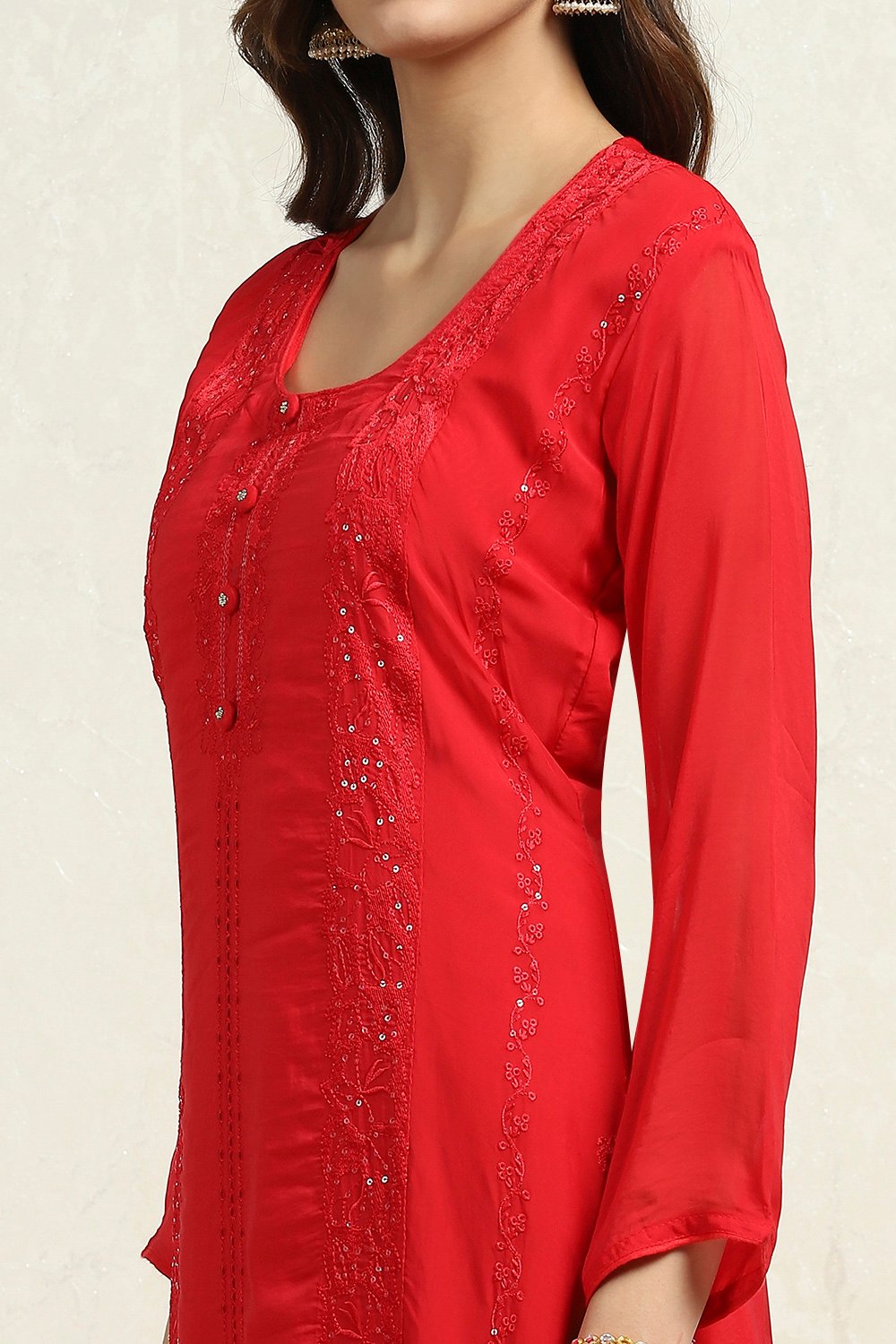 Red Organza Embroidered Unstitched Suit Set image number 2