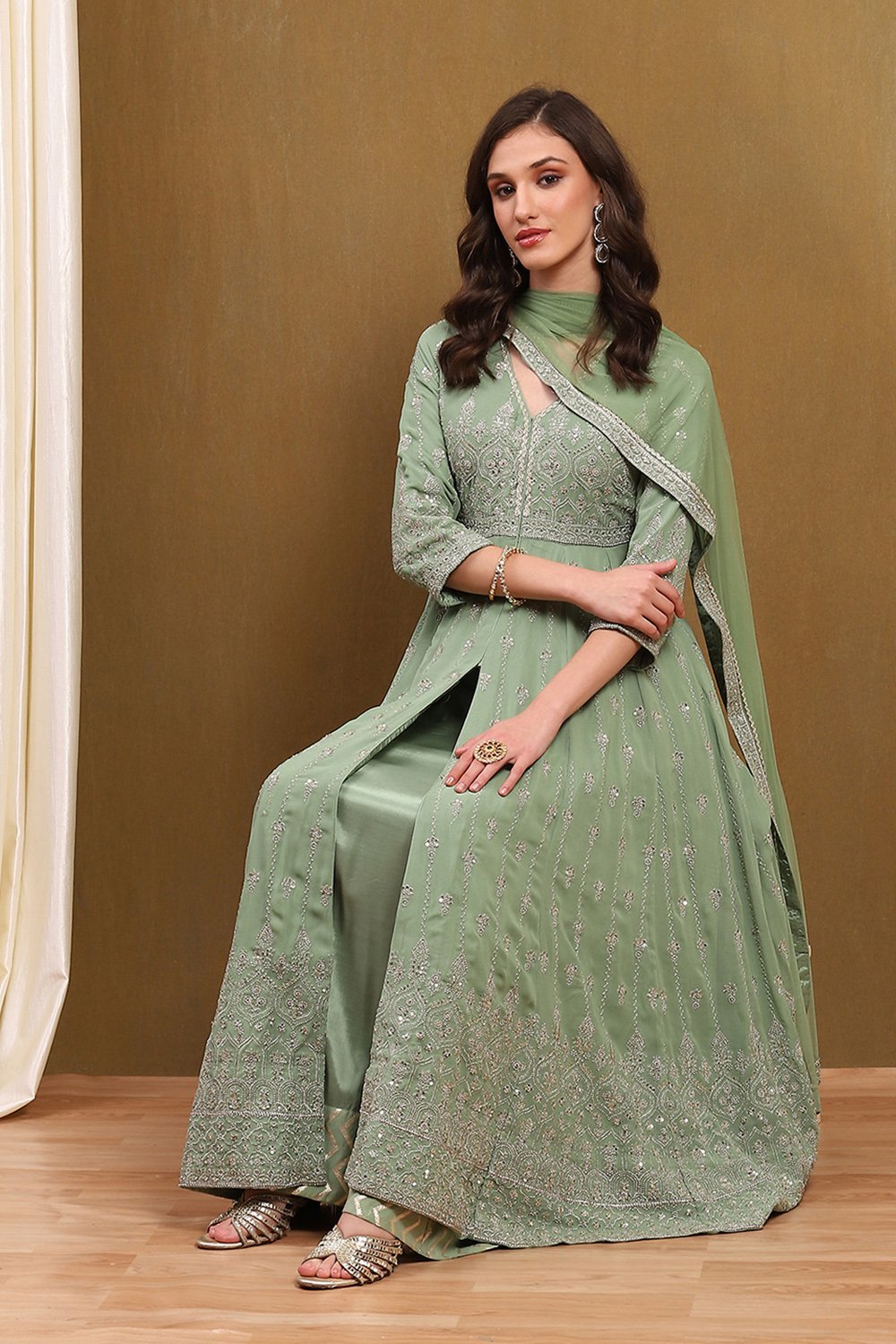 Green Viscose Georgette Anarkali Suit Set image number 0