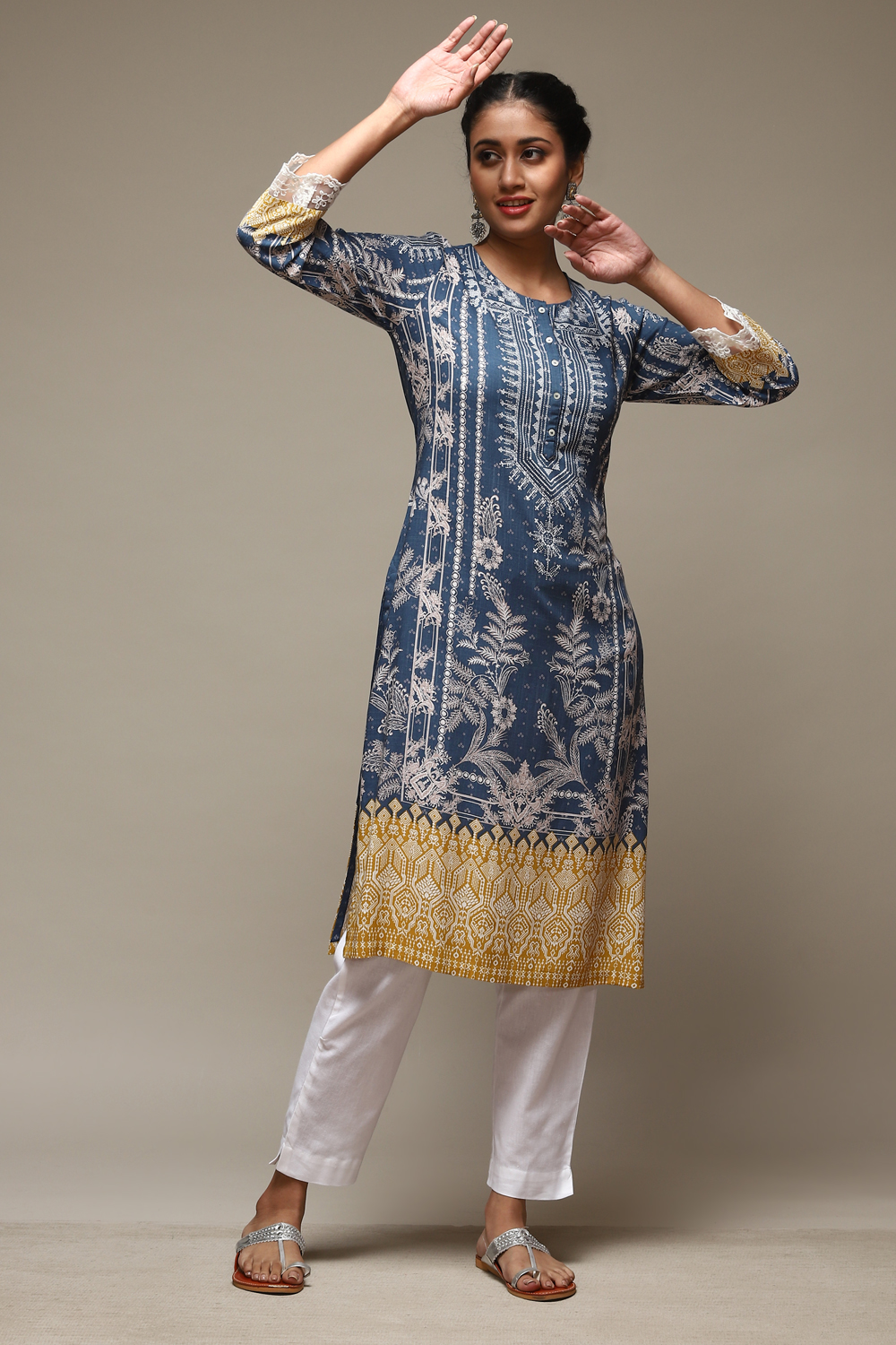 Olive LIVA Straight Printed Kurta image number 0