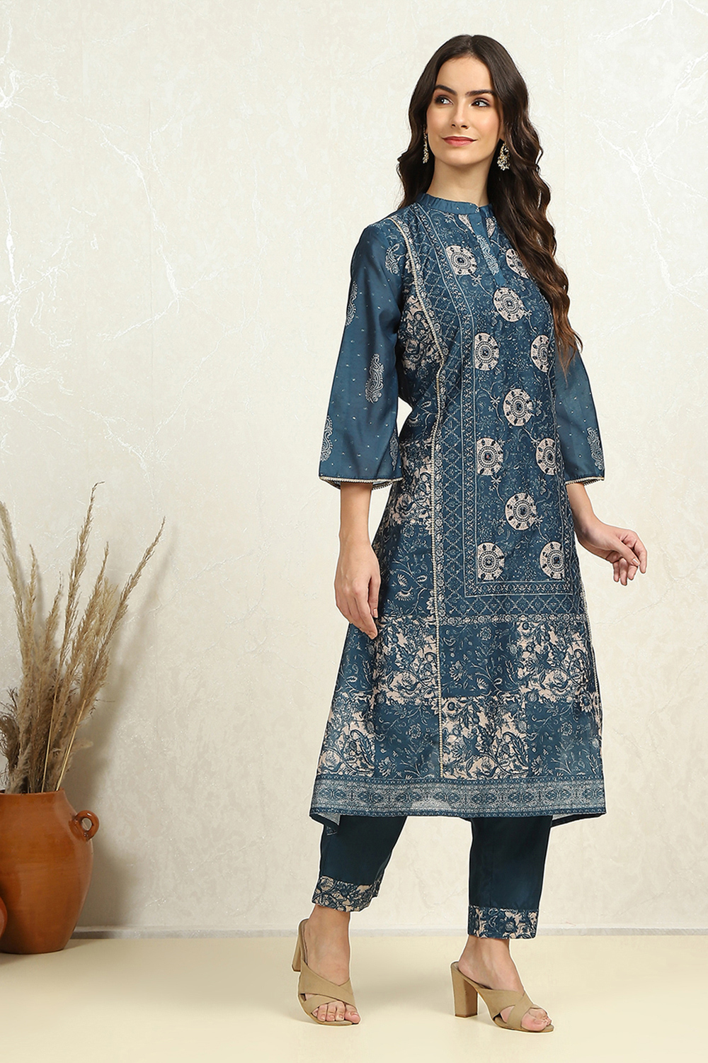 Blue Chanderi Printed Unstitched Suit Set image number 6