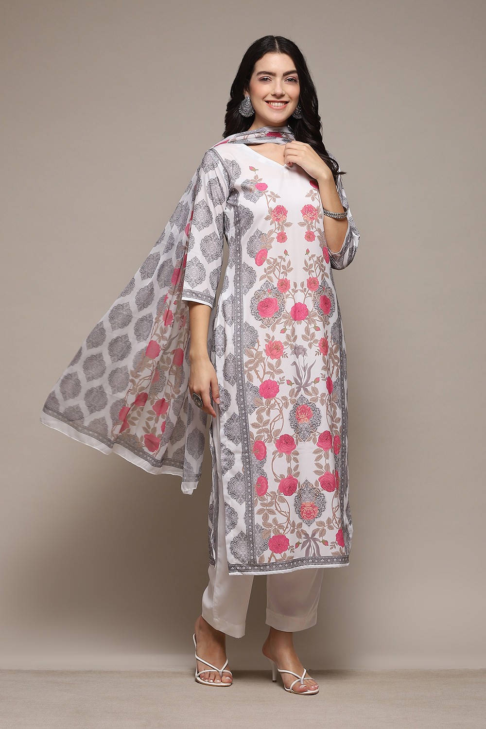 White Silk Blend Digital Print Unstitched Suit Set image number 7