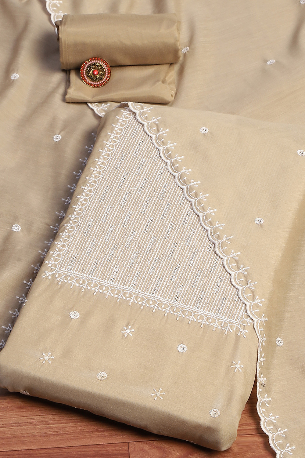 Beige Chanderi Machine Embroidered Unstitched Suit Set image number 0