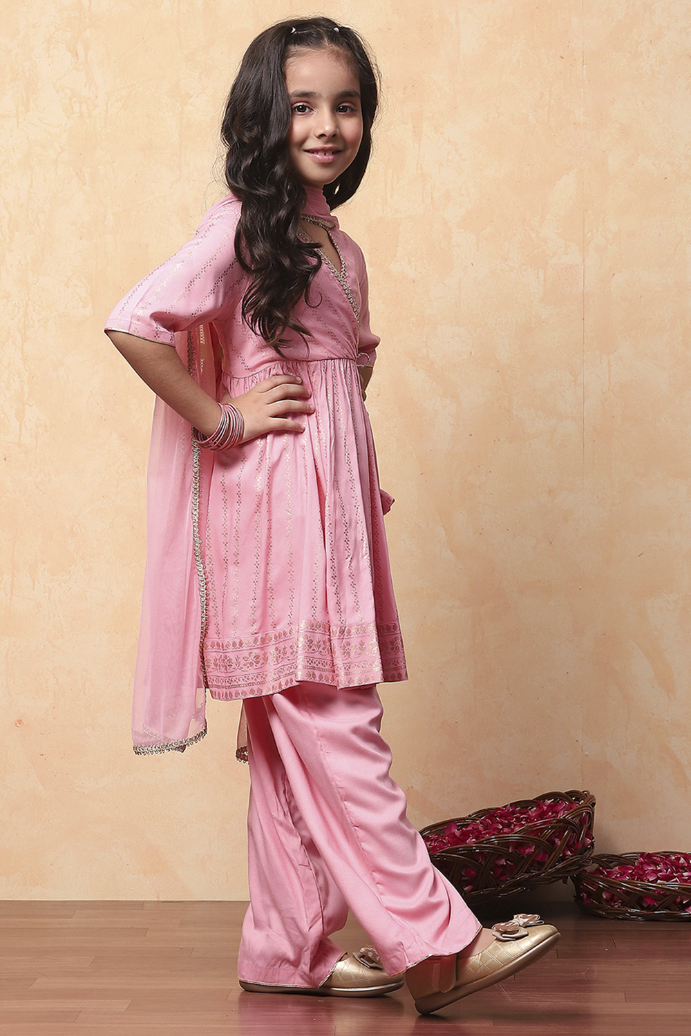 Pink Printed Angrakha Gathered Festive Flared Suit Set image number 4