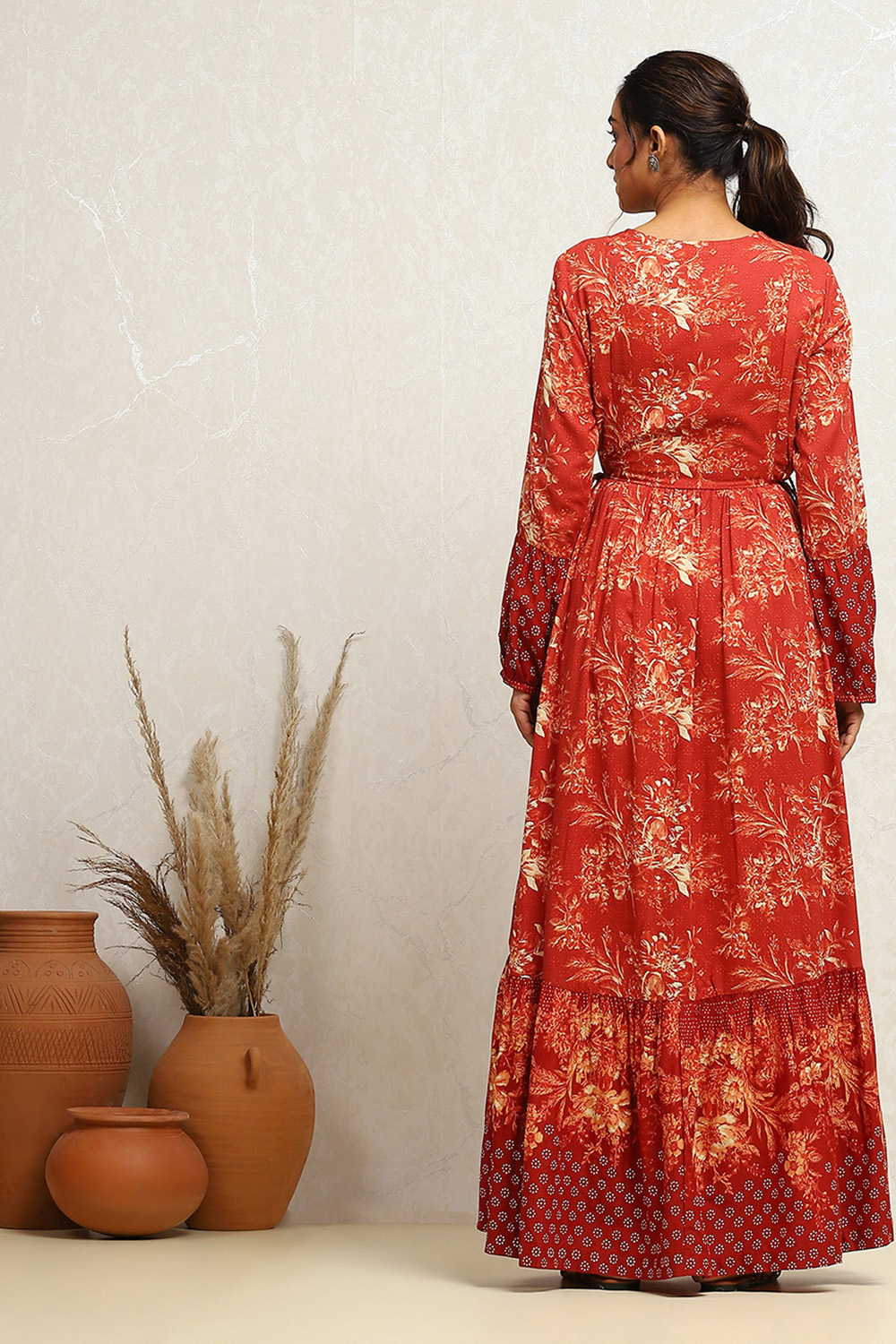 Rust Floral Printed Tiered Flared Dress image number 3