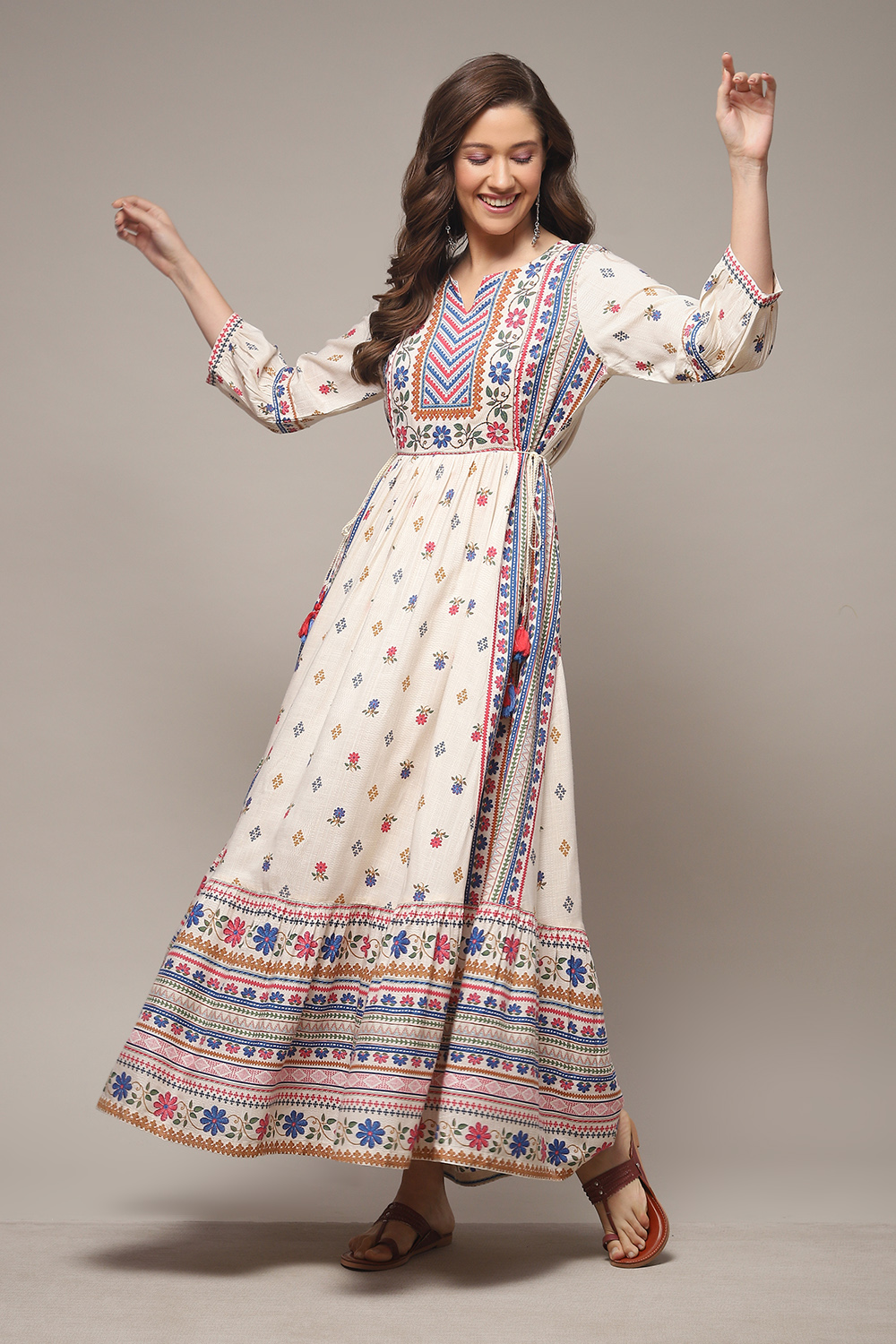 Ecru LIVA Tiered Printed Dress image number 0