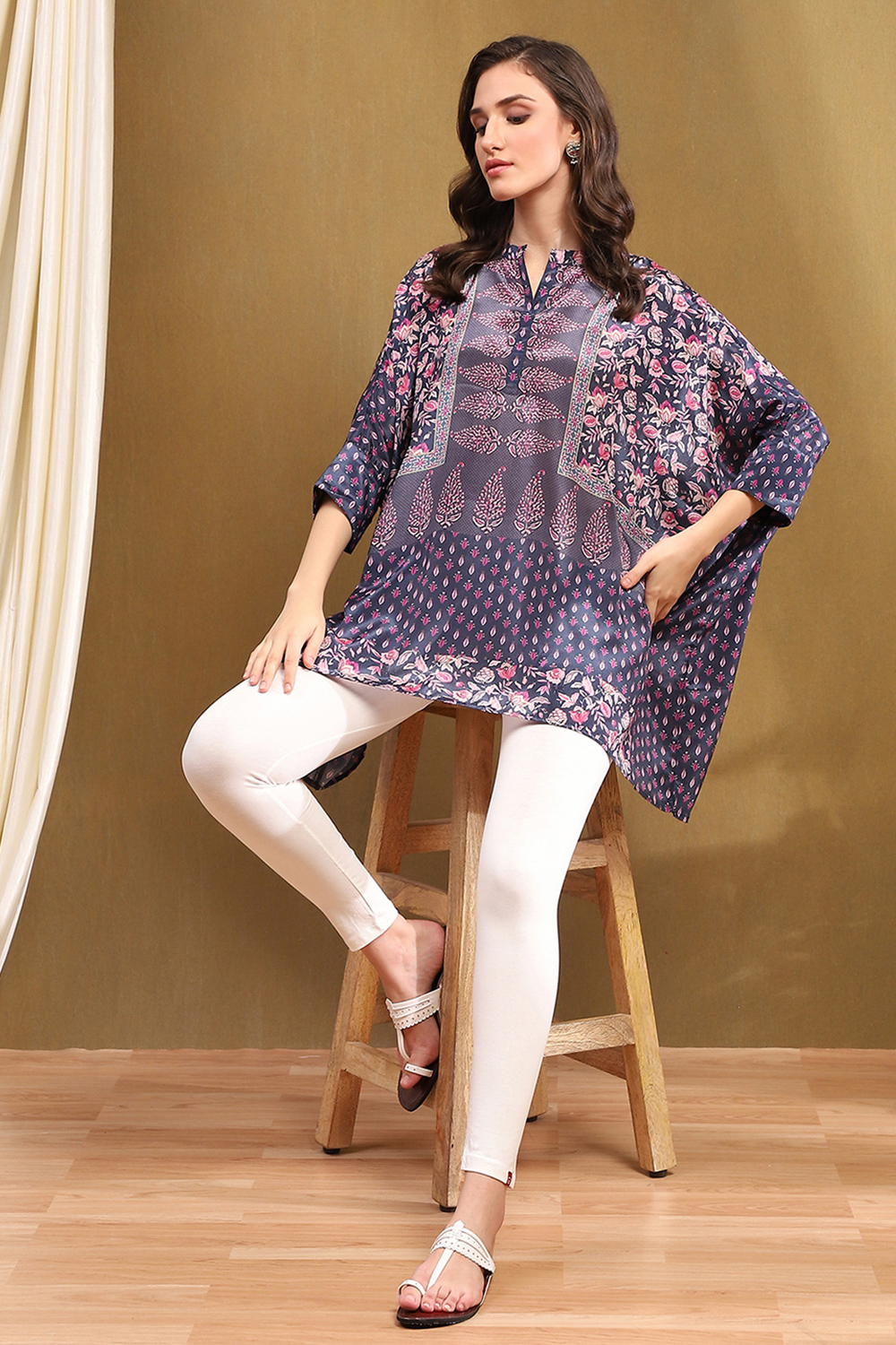 Blue Chiffon Printed Kaftan-Style Kurti image number 0