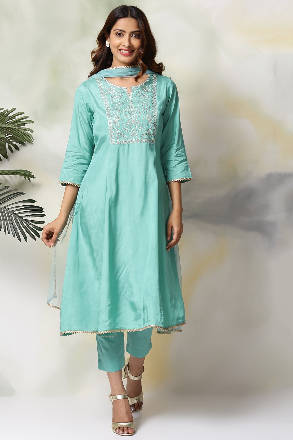 Buy Sea Green Viscose Kalidar Kurta Pant Suit Set for INR2799.30 |Biba ...