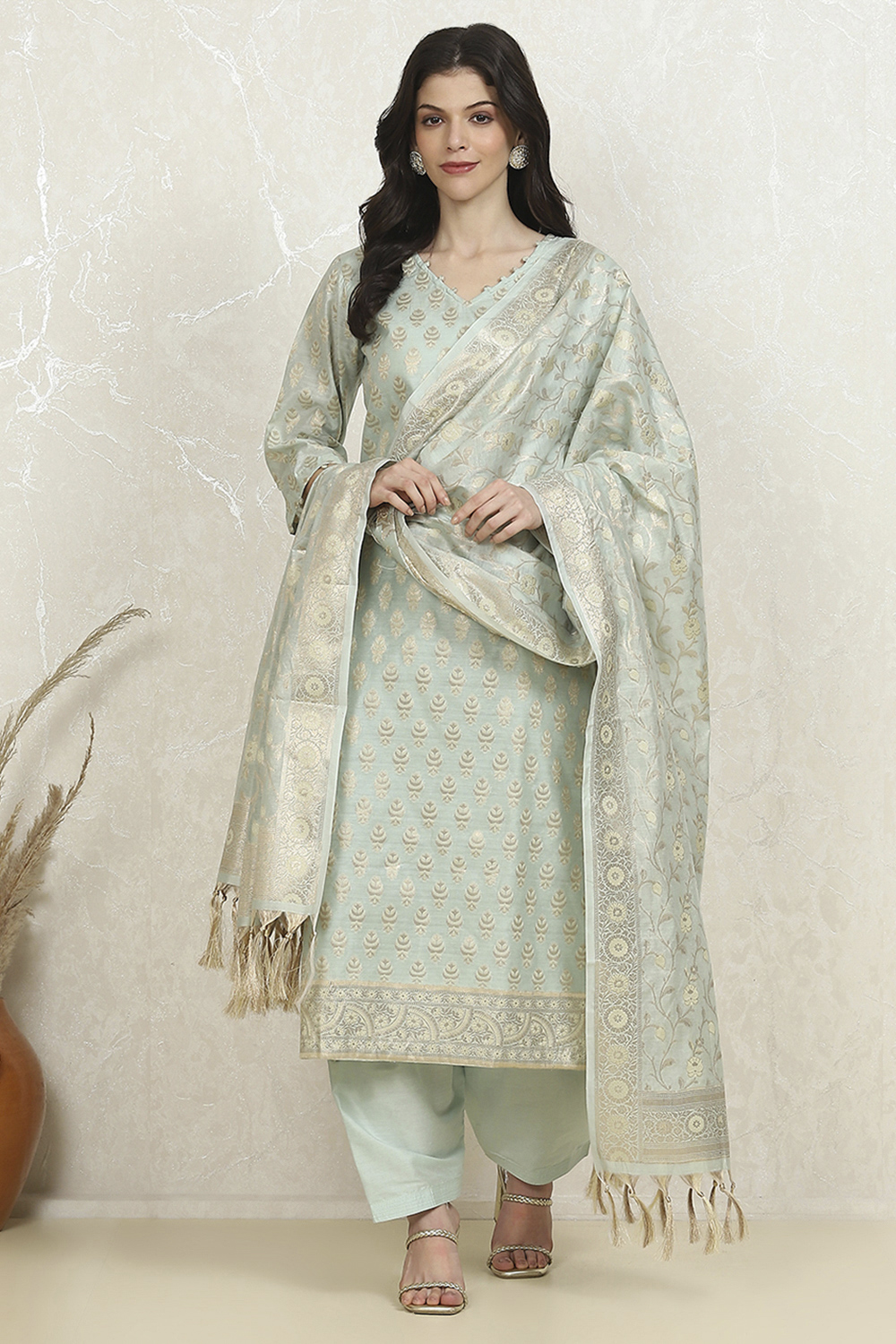 Peach Art Silk Woven Unstitched Suit Set image number 1