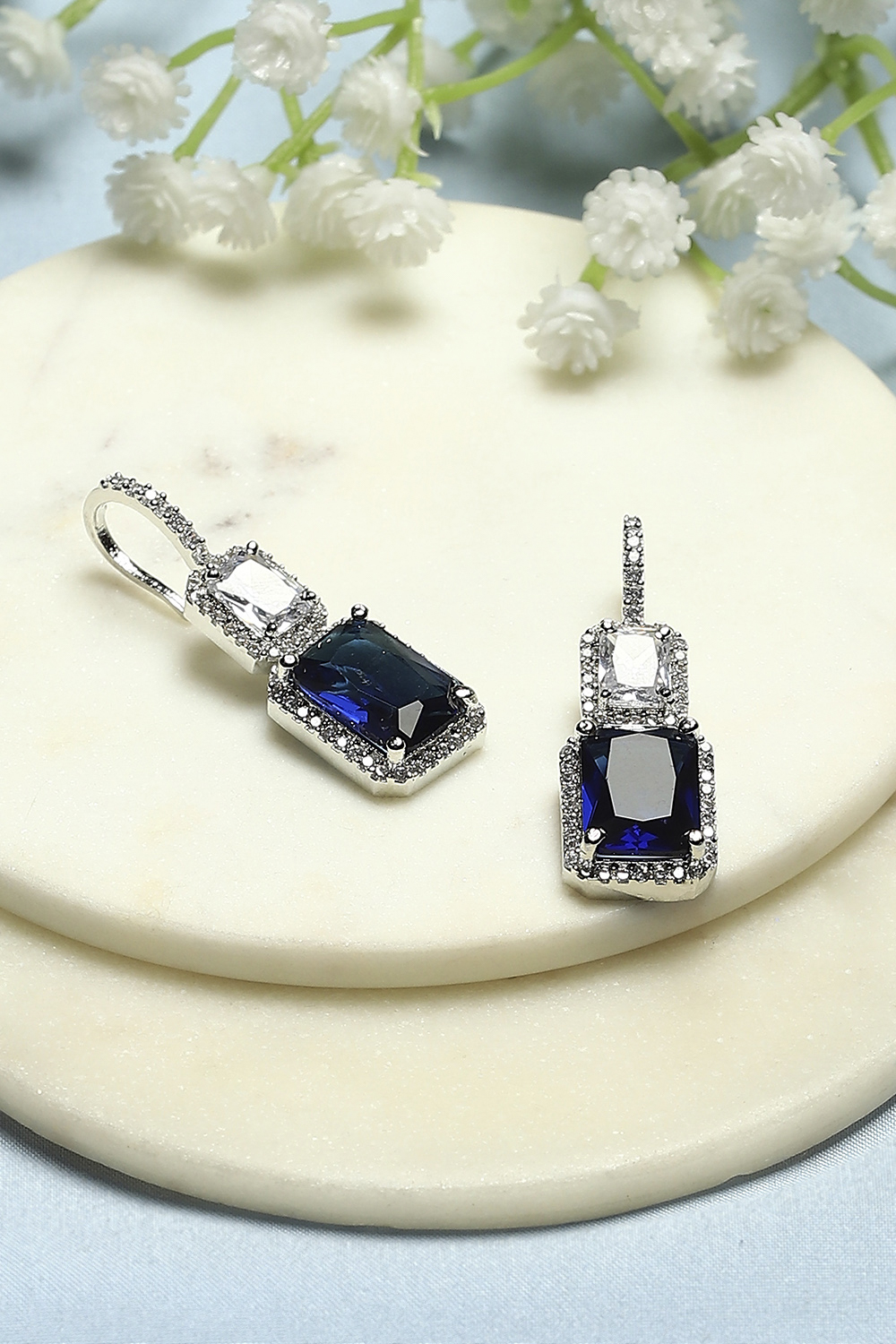 Blue Silver-Plated CZ Studded Geometric Danglers image number 0