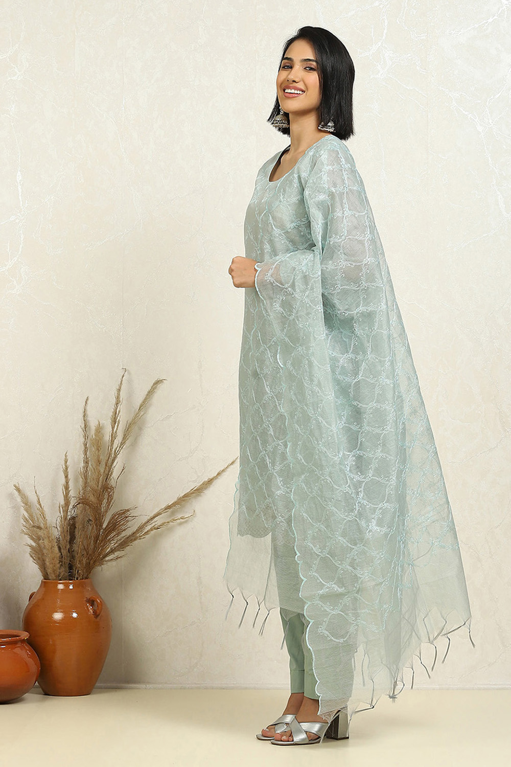 Grey Floral Thread Work Unstitched Suit Set image number 4