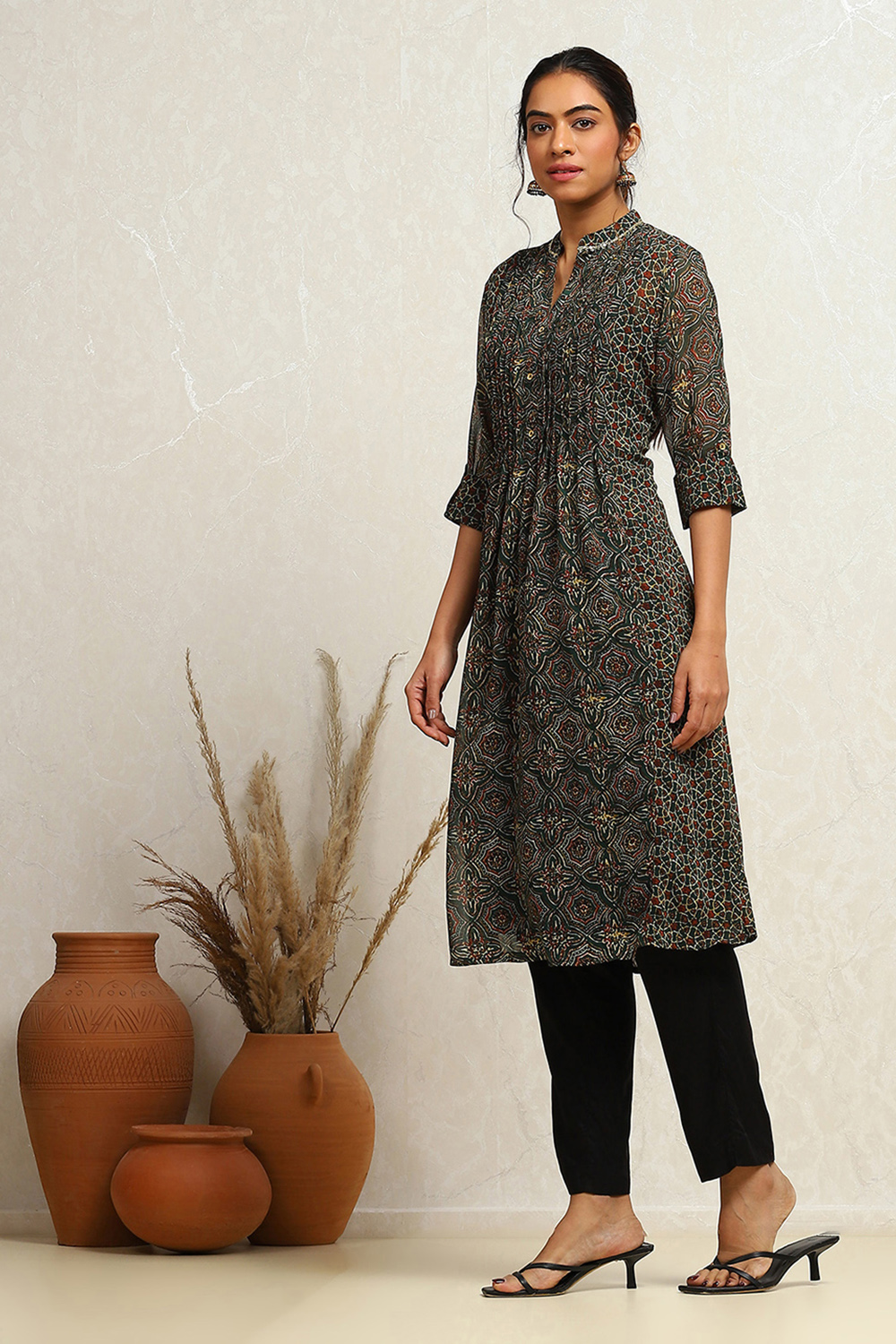 Mustard and Maroon Georgette Printed A-Line Kurta image number 2