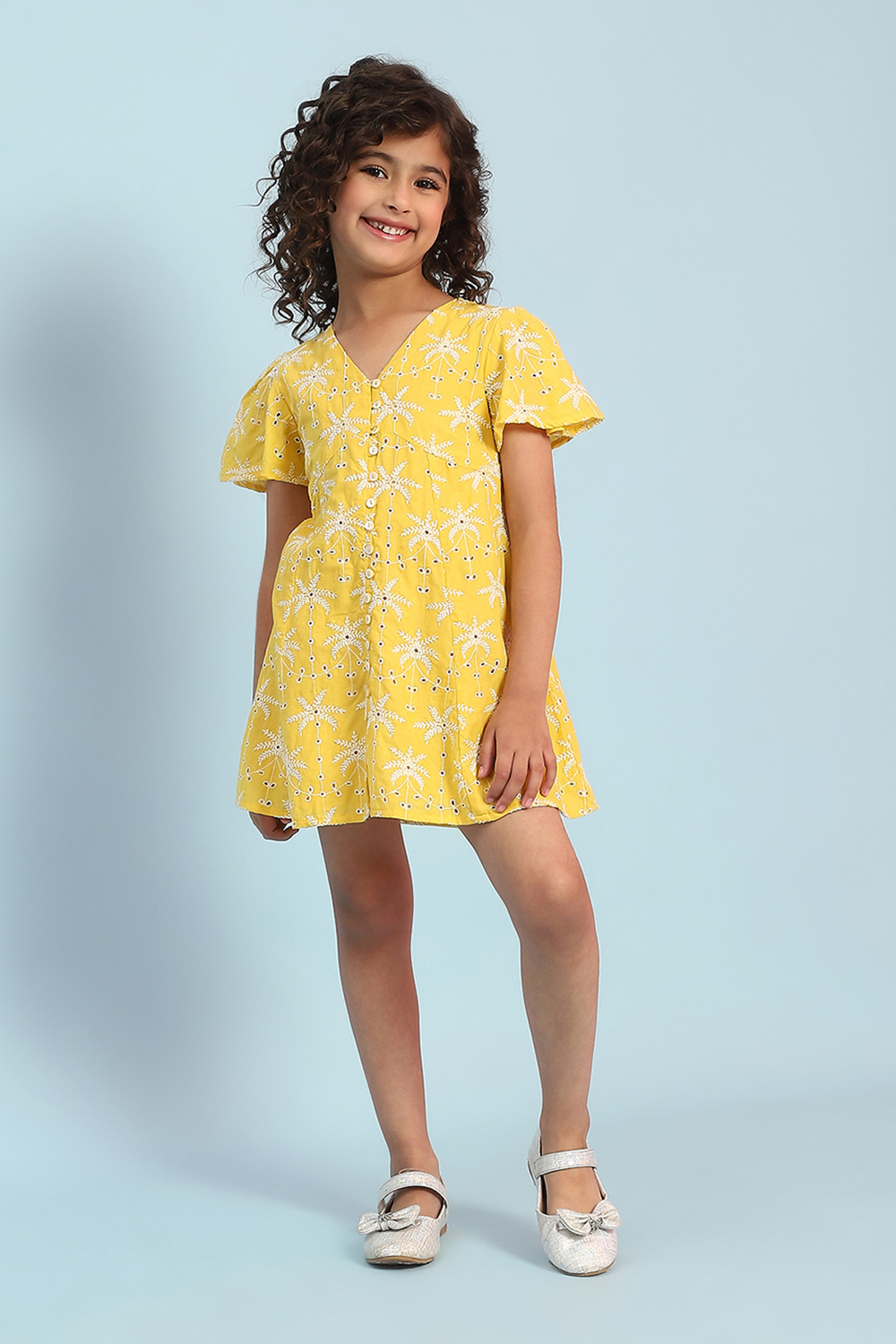 Yellow Pure Cotton Schiffli A-Line Dress image number 5