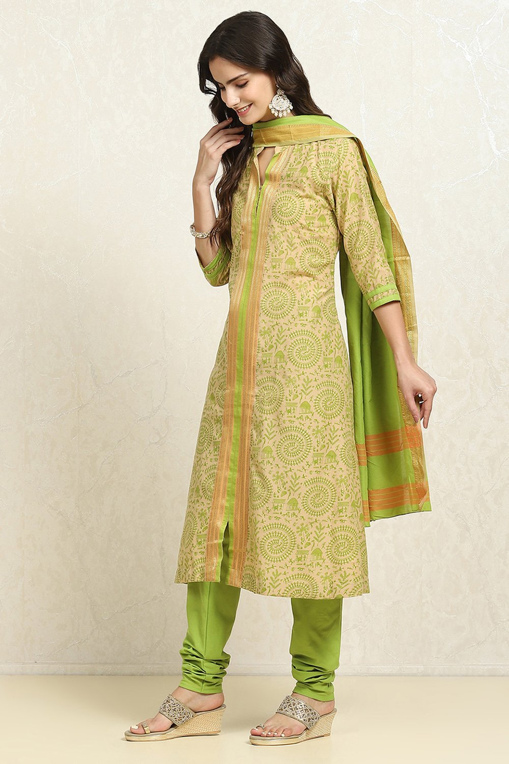 Green Cotton Handloom Unstitched Suit Set image number 4