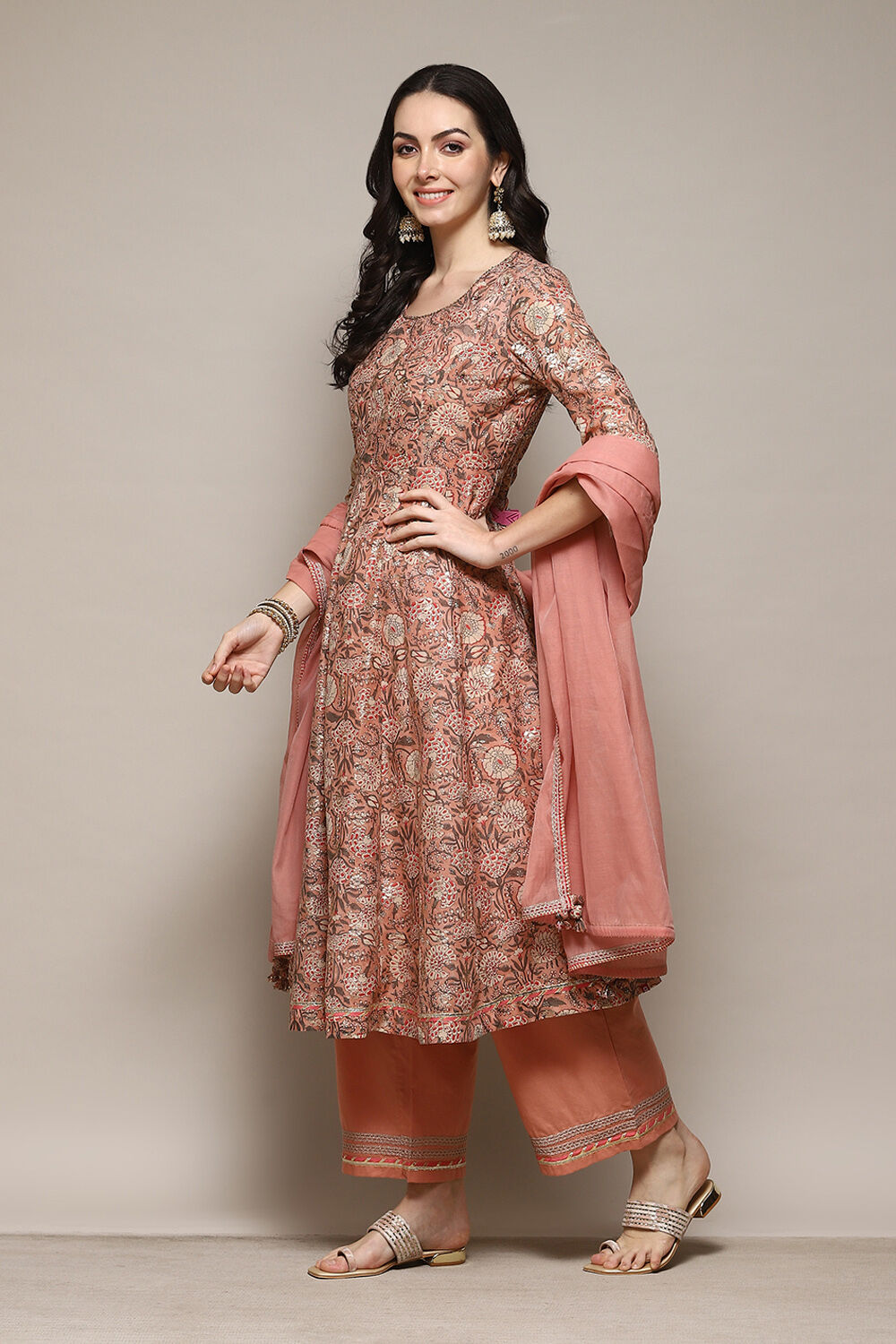 Peach-coloured Printed Poly Chanderi Anarkali Suit Set image number 5