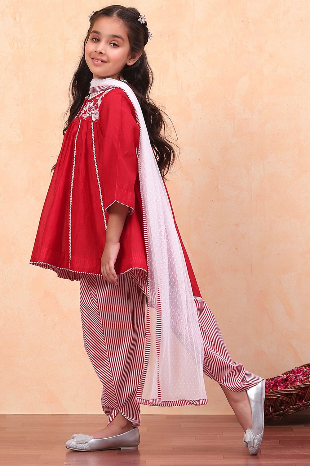 Red Poly Chanderi Kalidar Suit Set image number 3