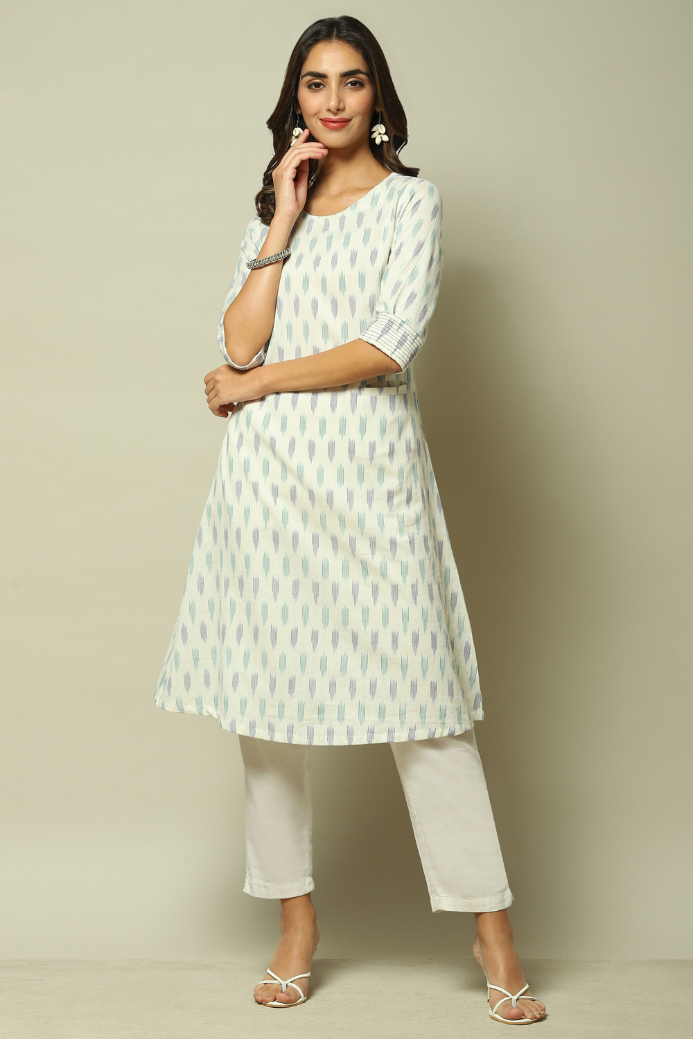 Off White & Blue Cotton IKAT Straight Yarndyed Kurta image number 0