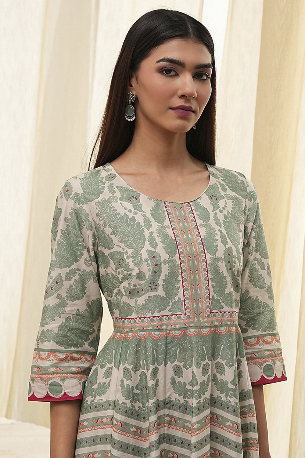 Green Cotton Printed Anarkali Suit Set image number 1