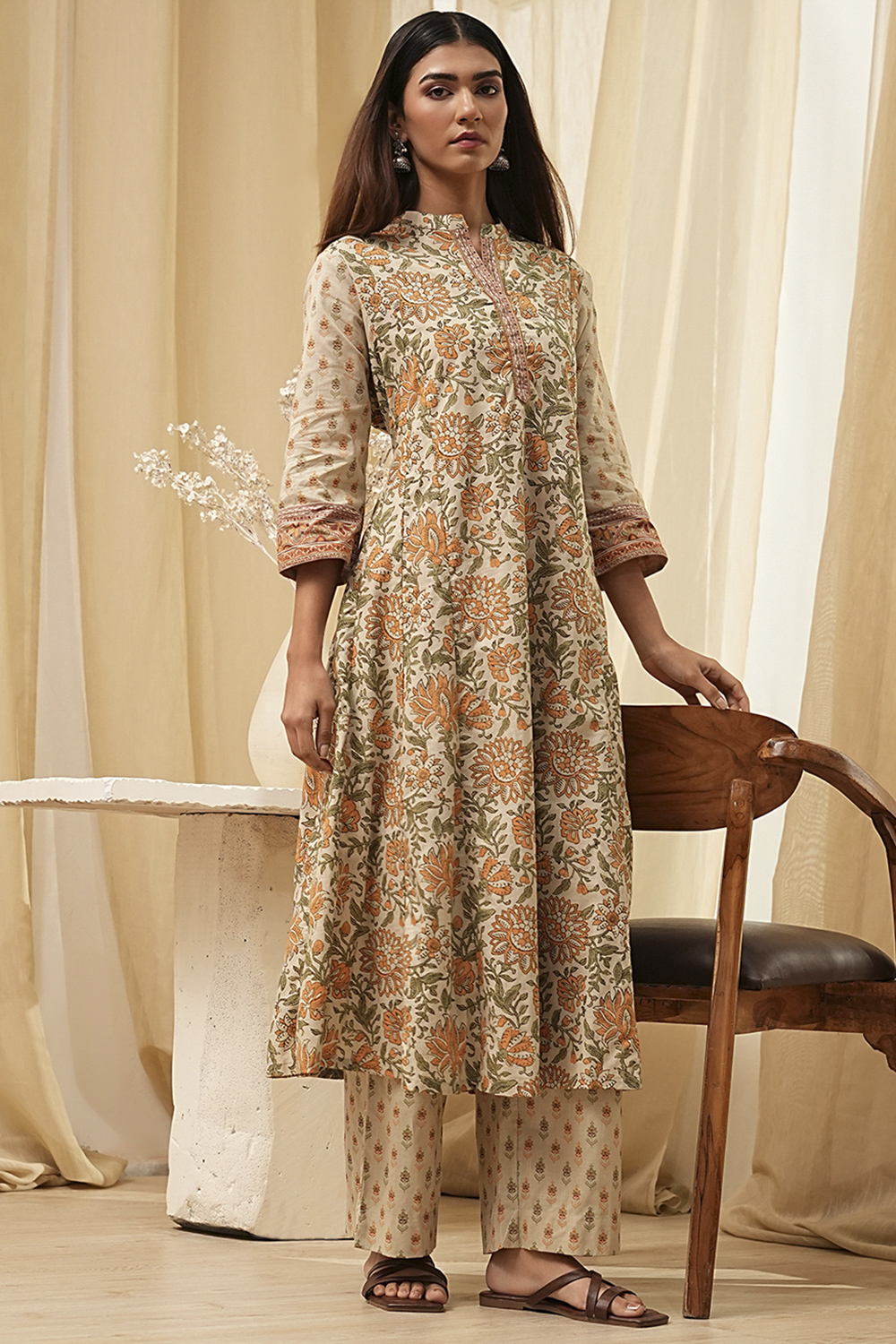 Beige Pure Cotton Floral Kalidar Kurta Set image number 0