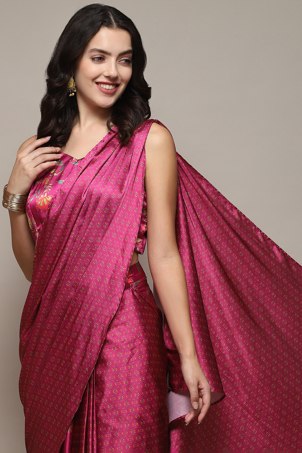 Plum Pre-Draped Saree & A Stitched Blouse With Floral Prints image number 1