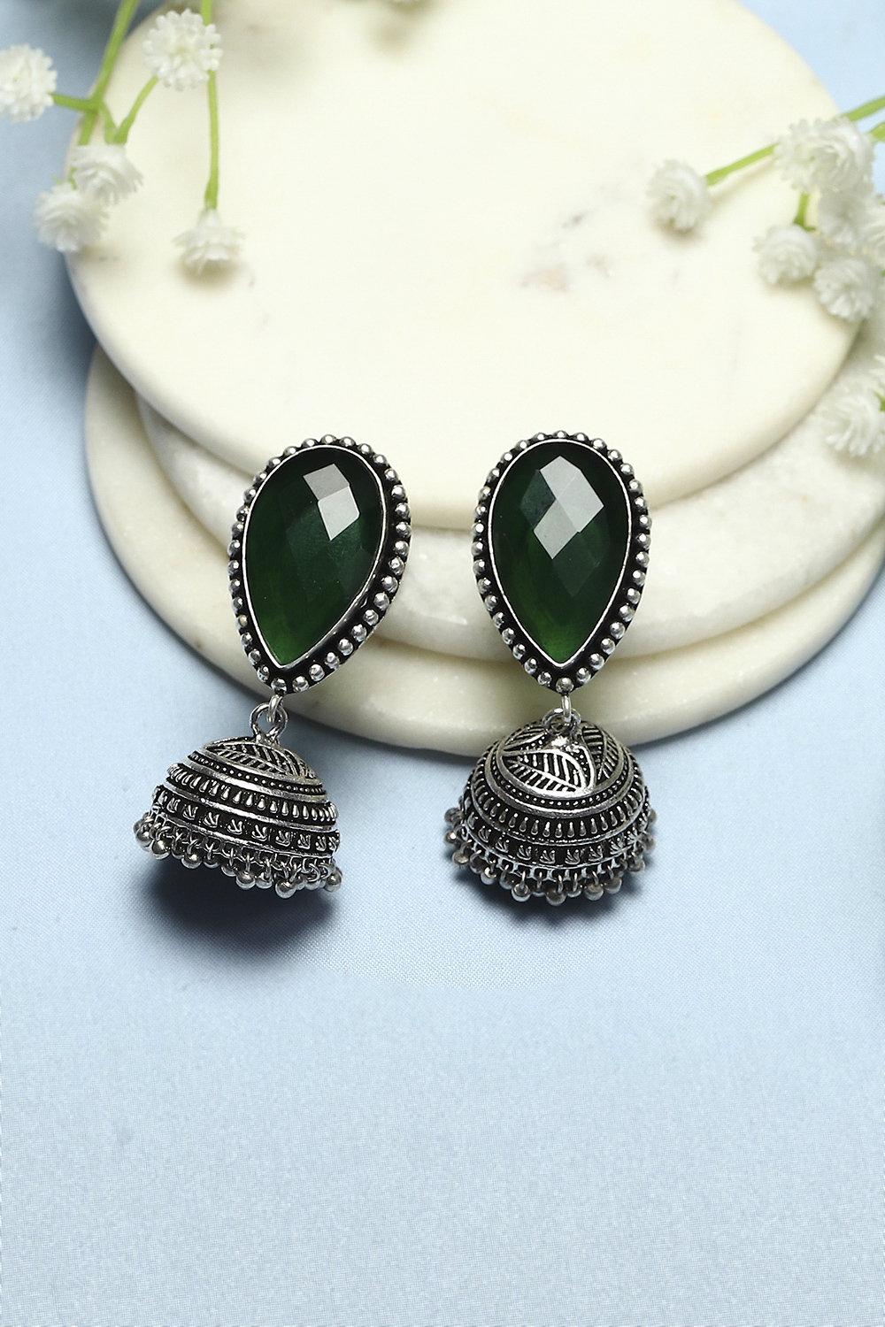 Green Oxidised Stone Studded Tear Drop Jhumkas image number 0