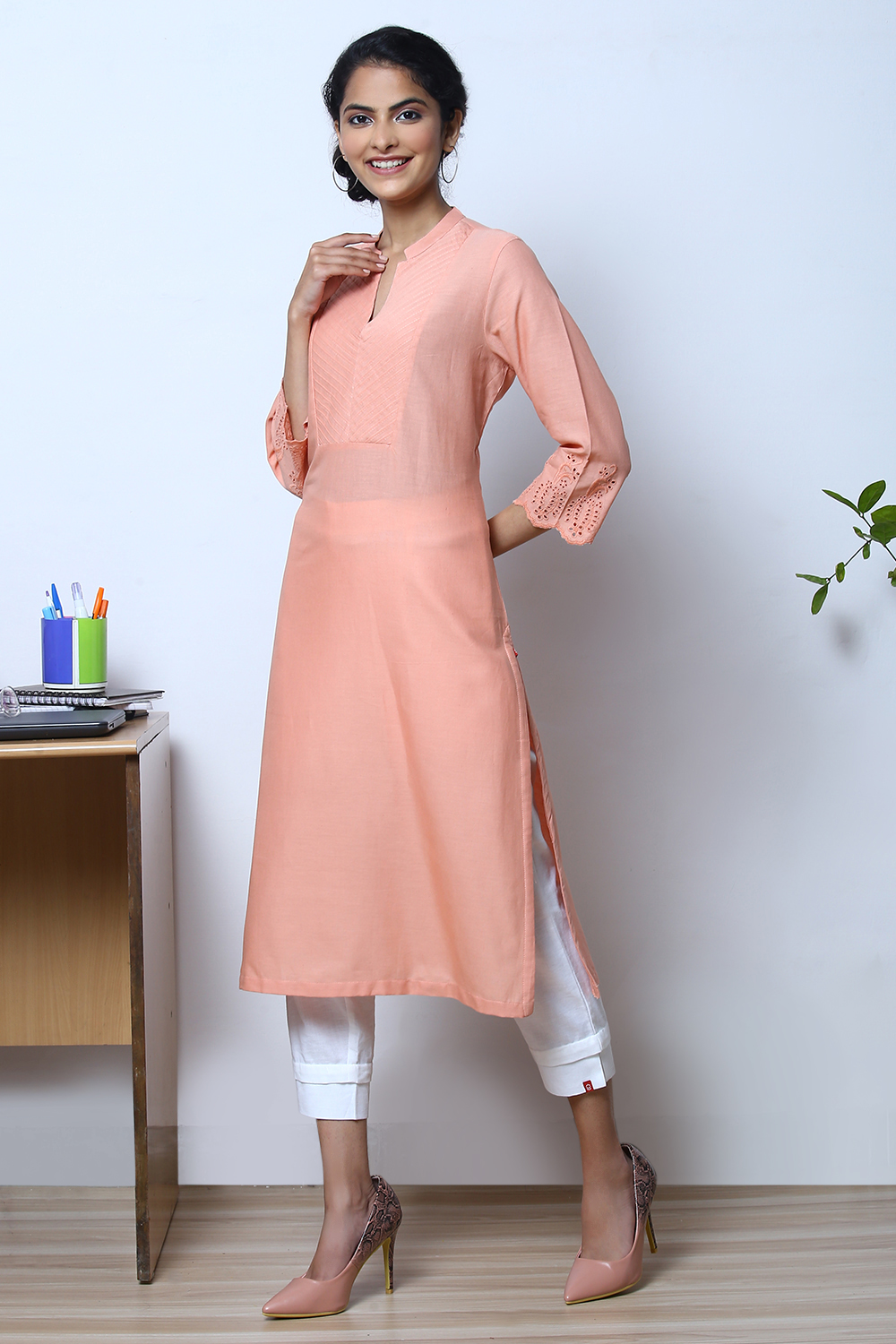 Peach Cotton Flax Kurta image number 3