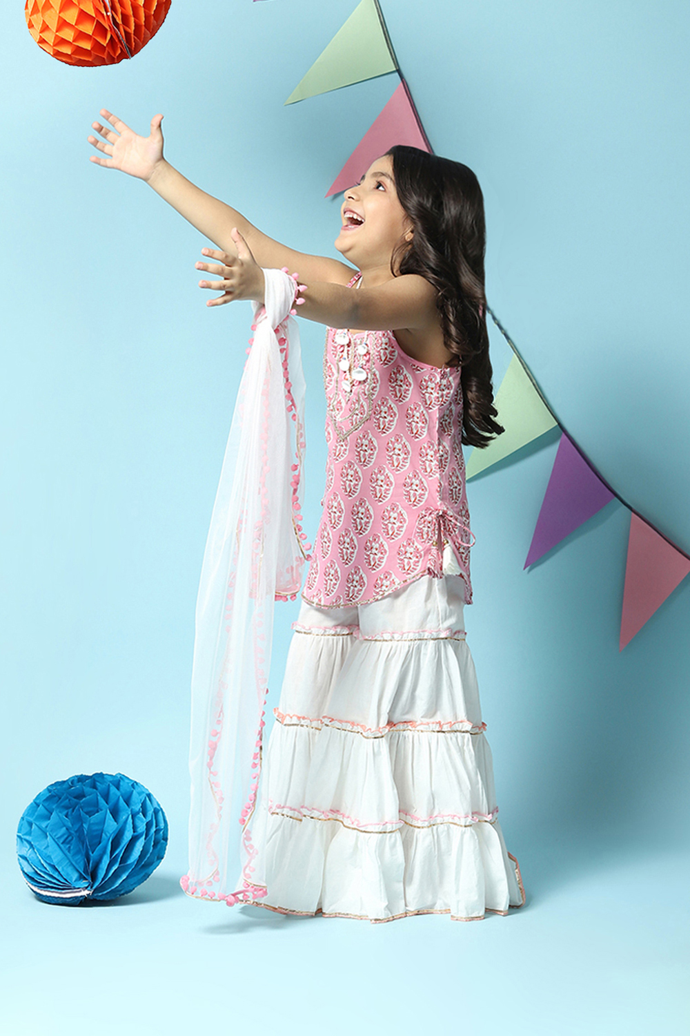 Pink & White Cotton Straight Kurta Sharara Suit Set image number 0