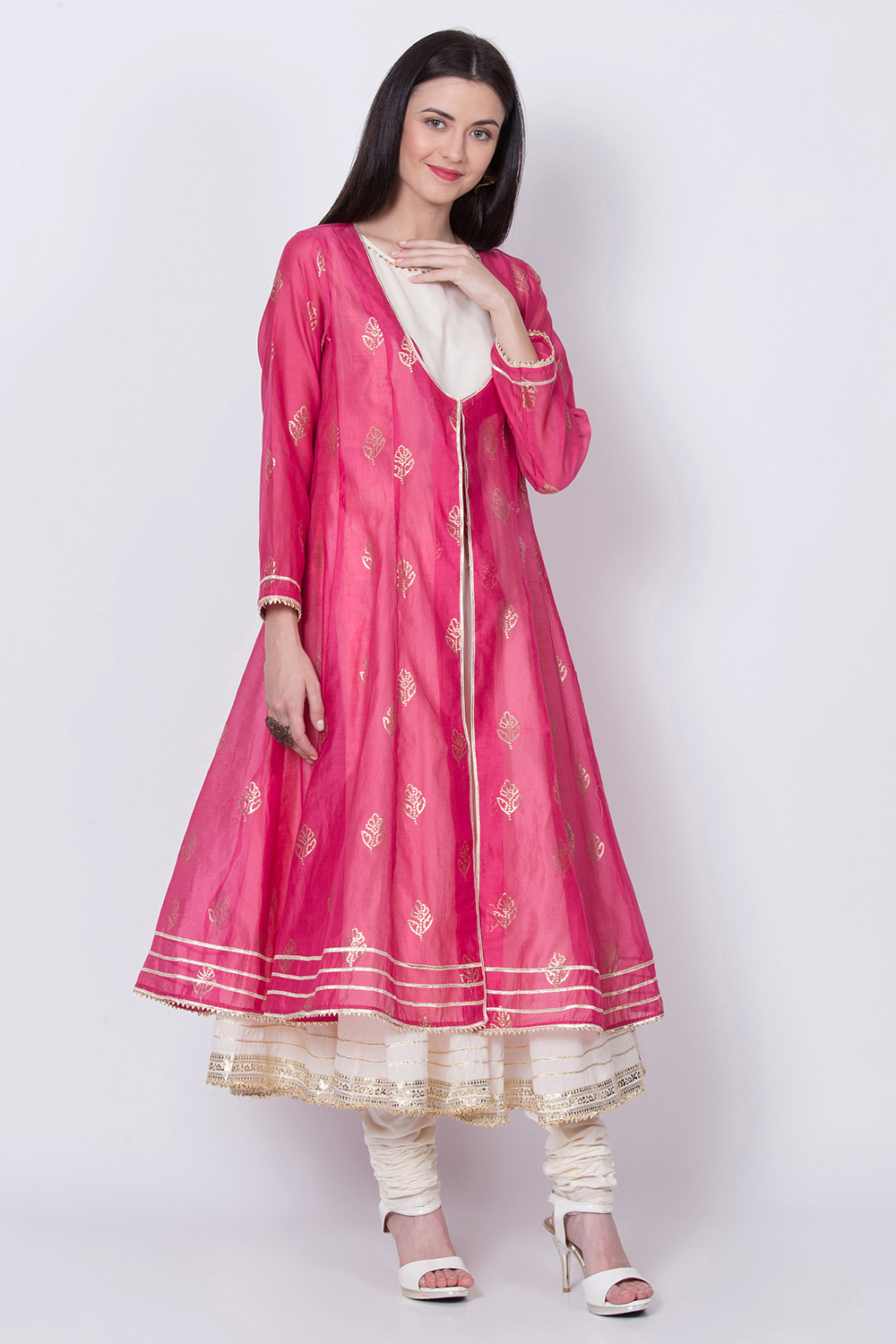 Pink Poly Cotton Front Open Kurta Churidar Suit Set image number 2