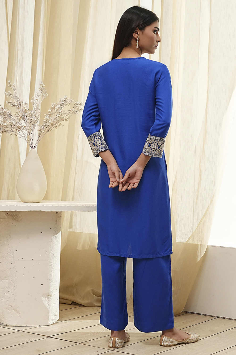 Blue Viscose Rayon Straight Suit Set image number 4