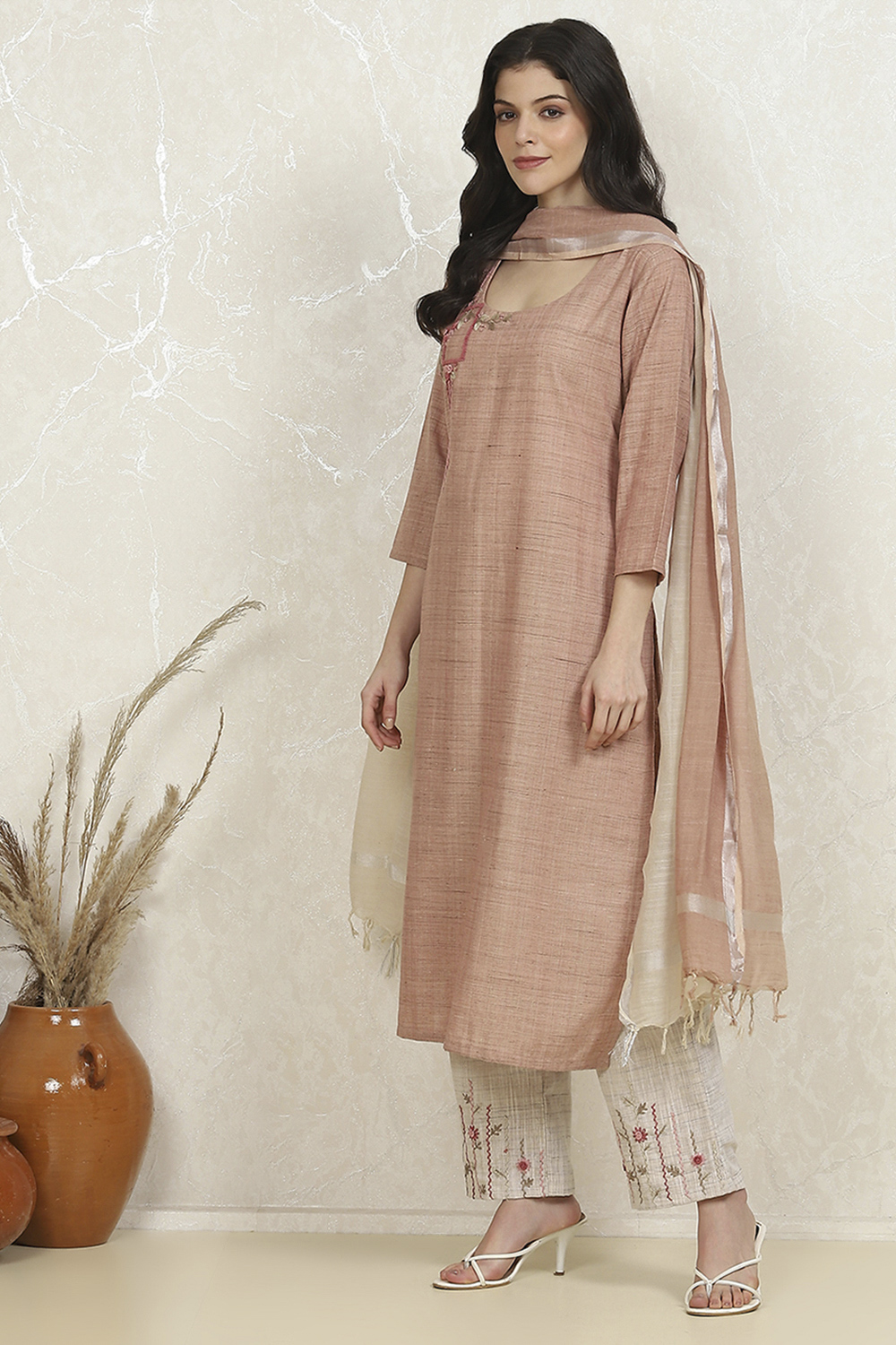 Beige Linen Hand Embroidered Unstitched Suit Set image number 4