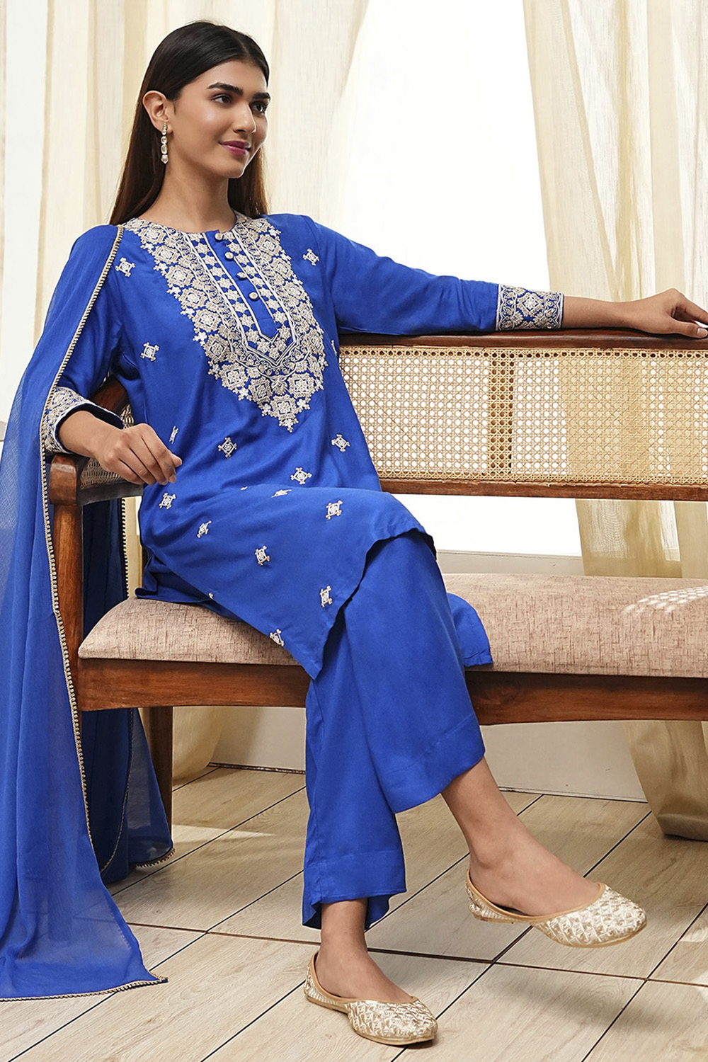 Blue Viscose Rayon Straight Suit Set image number 0