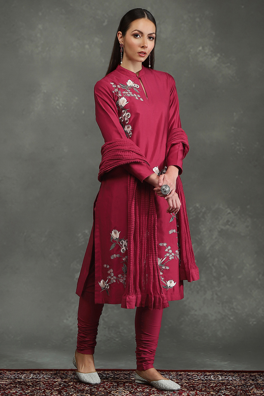 Rohit Bal Maroon Silk Chanderi Floral Straight Suit Set image number 5