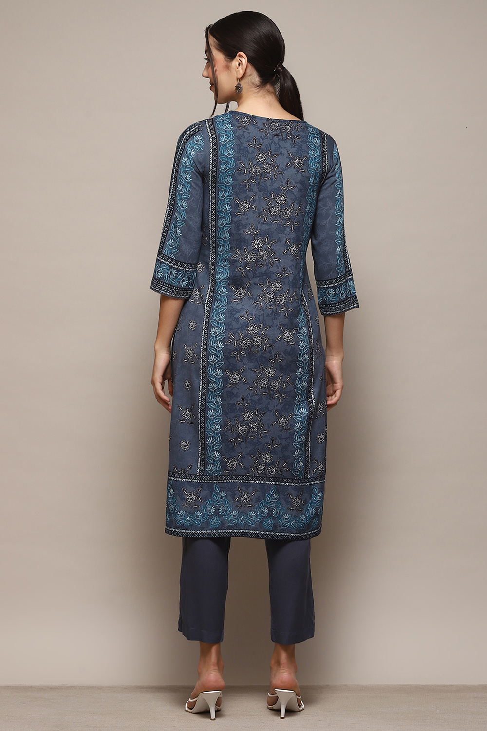 Blue & Rust LIVA Straight Kurta Slim Pant Suit Set image number 5